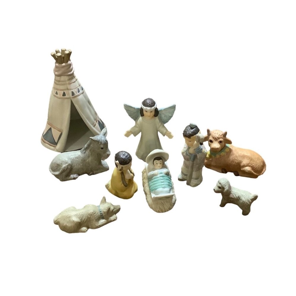 Vtg House Of Lloyd 1992 Native American Nativity Set 9 Piece Christmas Figurines